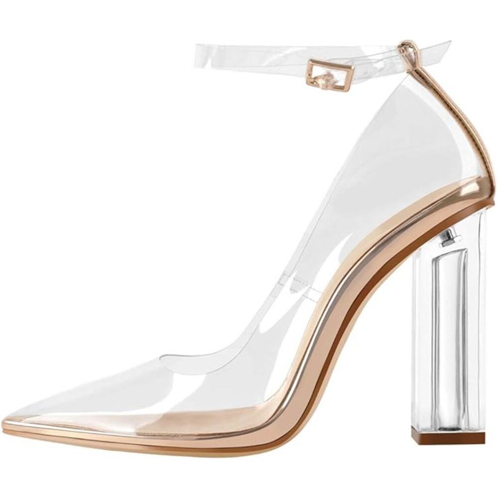 Richealnana Womens Size 9 Clear 4" Heel  Closed Pointed Toe Ankle Strap Shoes